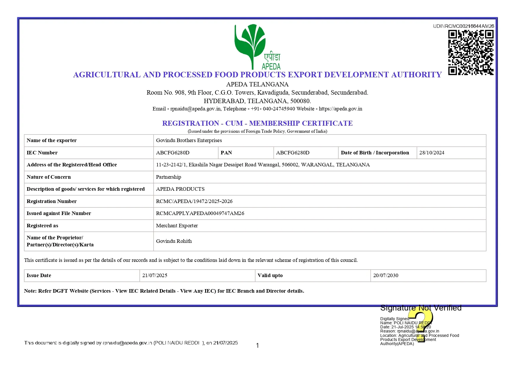 APEDA Registration-cum-Membership Certificate